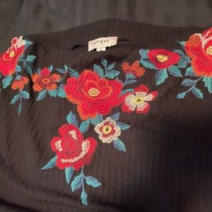 Umgee medium black red embroidered rose off-shoulder light weight sweater